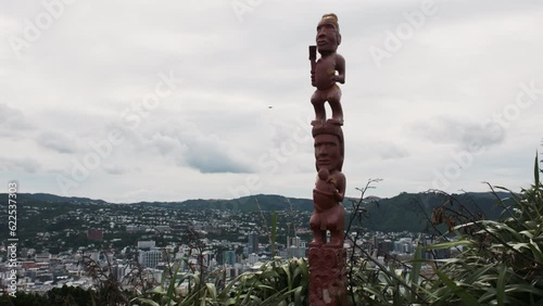 Pouwhenua or pou whenua, carved wooden post used by the Māori people to mark places of significance photo