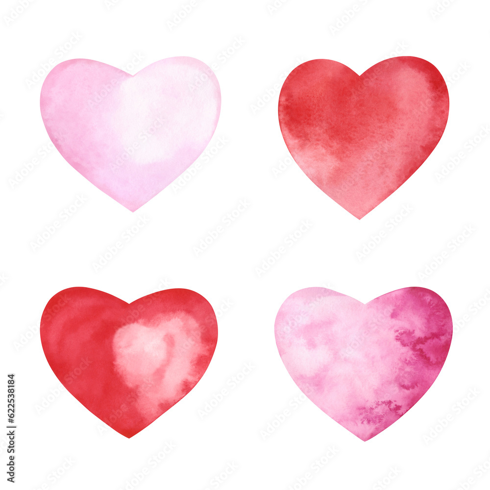Set of watercolor hearts, red and pink. Drawn by hand. Element for holiday, decoration, design, decoration and wedding. Valentine's card for congratulations. Texture of watercolor on paper.