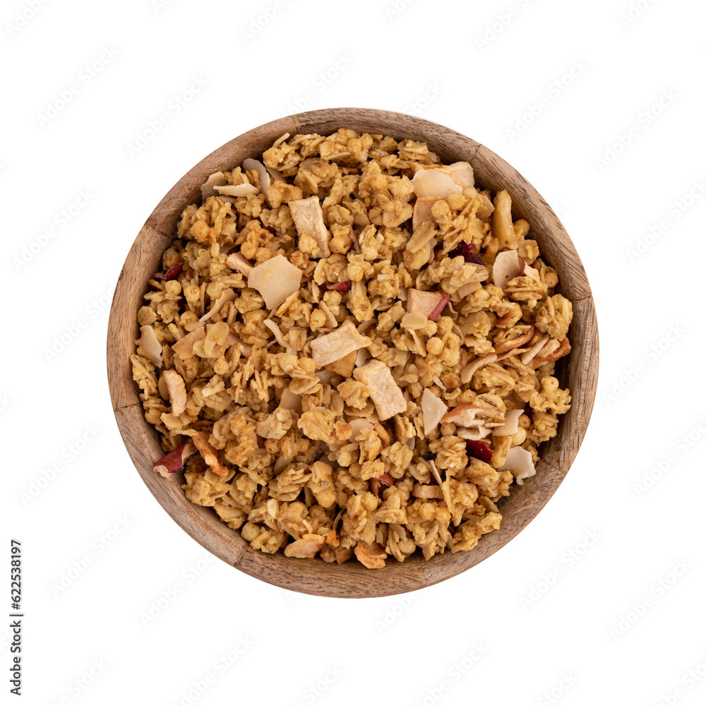 crunchy granola in wooden bowl isolated on white, muesli pile with nuts and cranberry close out, healthy eating concept crunchy granola in wooden bowl isolated on white, muesli pile with nuts and cranberry close out, healthy eating concept