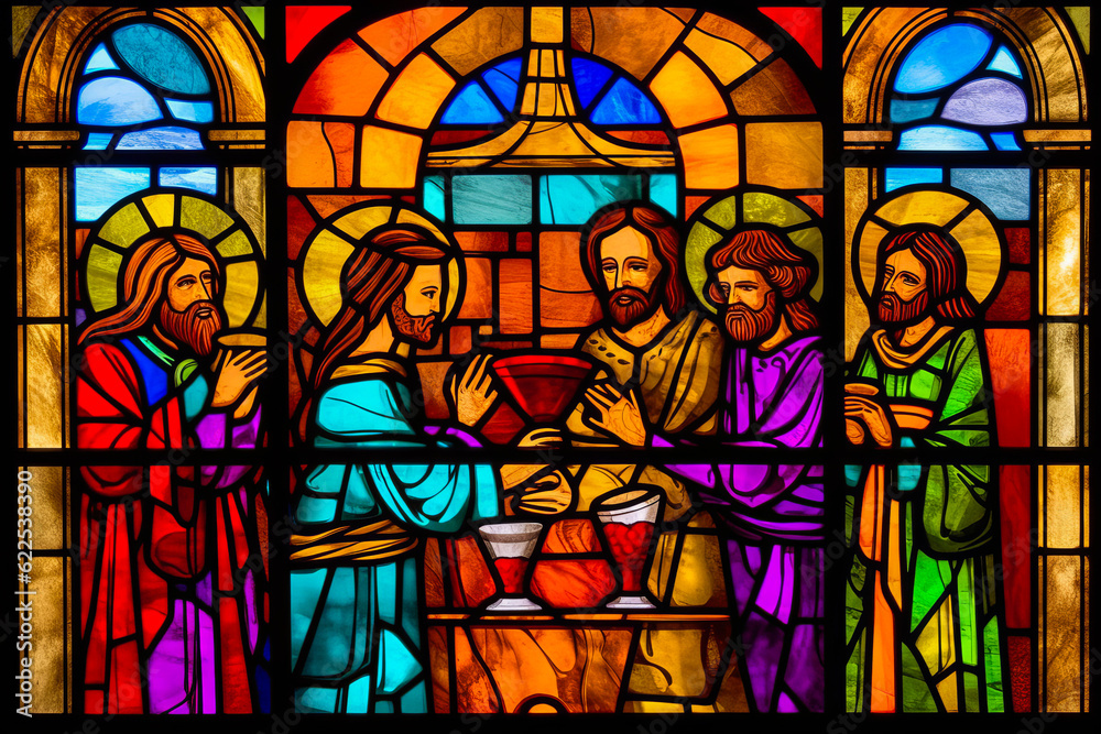 Stunning stained glass scene of Jesus turning water into wine at Cana wedding, conveying profound narratives from the New Testament in a vibrant cathedral setting. Generative AI