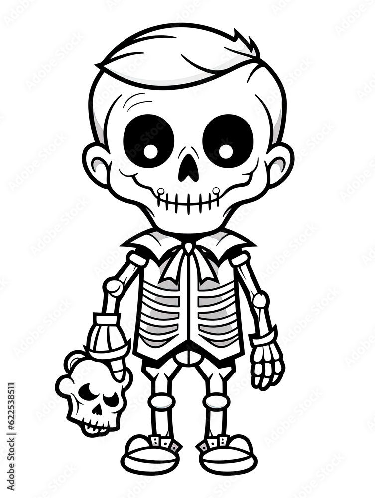 Cartoon Skull Coloring Pages, Fun and Imaginative Skeleton Art for Kids' Coloring Adventure