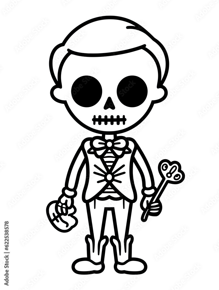 Cartoon skull with a skull ,Skeleton Coloring pages for kids illustration, style of coloring book ,black and white 3:4.