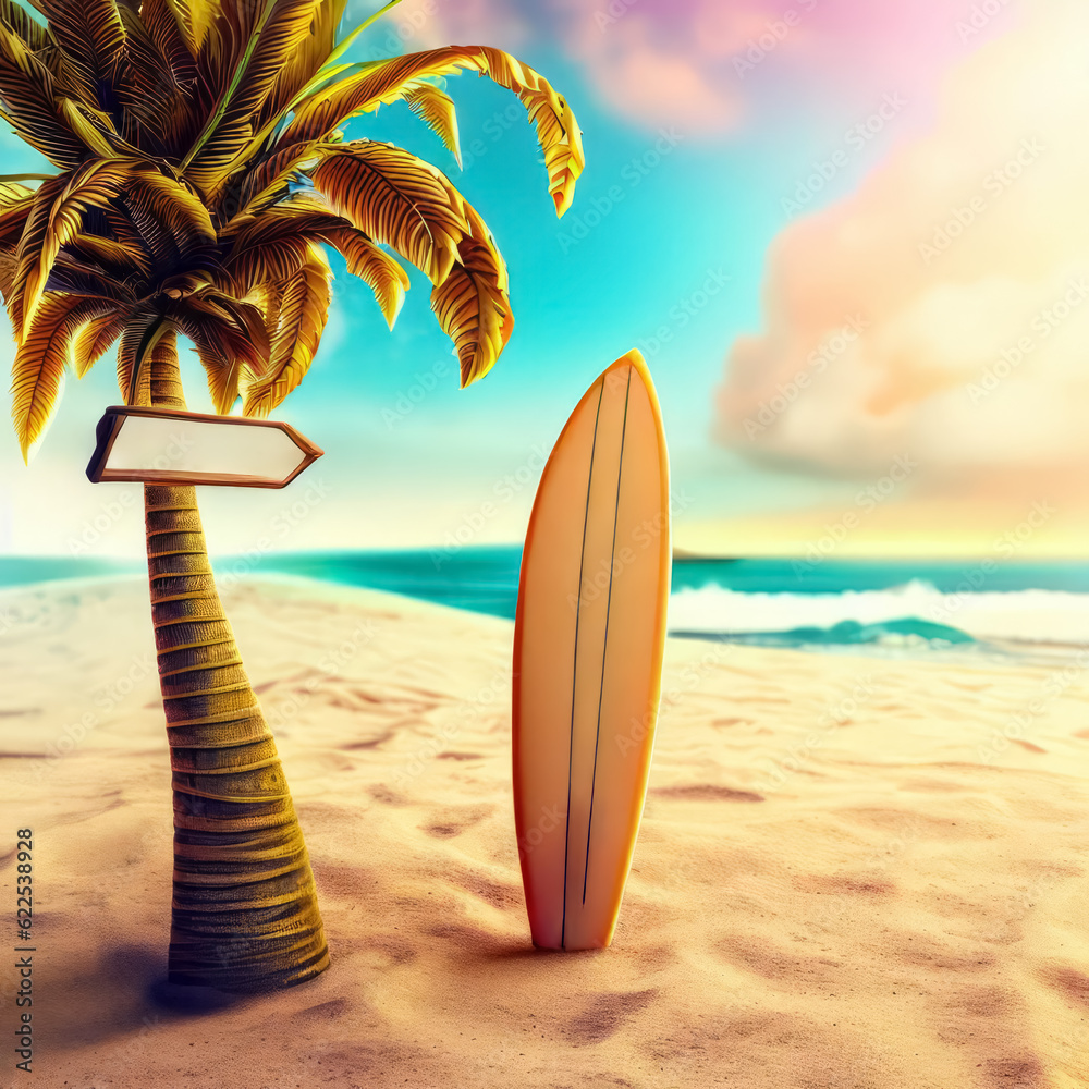 Surfboard and palm trees on a beach. Travel adventure and water sport. relaxation and summer vacation concept, generative ai illustration