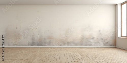empty loft style room with window interior distressed plaster bare wall wooden floor background