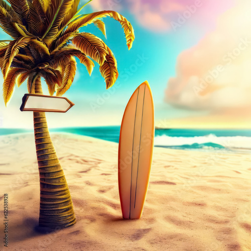 Surfboard and palm trees on a beach. Travel adventure and water sport. relaxation and summer vacation concept, generative ai illustration © SvetlanaSF