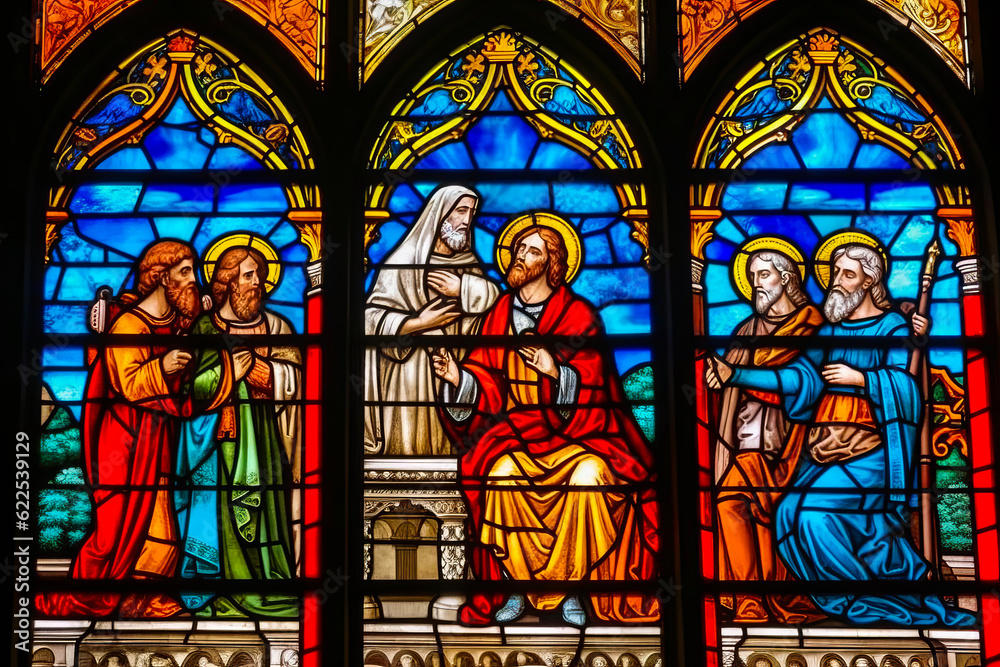 Sacred scene of Jesus before Pontius Pilate, vibrant stained glass in a Catholic cathedral for educational catechism from Matthew 27:11-26. Generative AI