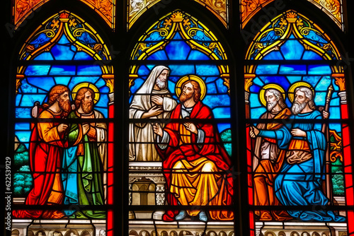 Vászonkép Sacred scene of Jesus before Pontius Pilate, vibrant stained glass in a Catholic cathedral for educational catechism from Matthew 27:11-26