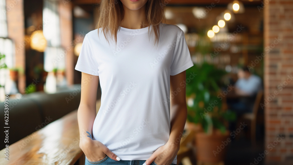 a young woman wearing canvas white t-shirt and jeans used for design t-shirt template, and print presentation mockup created by generative AI a young woman wearing canvas white t-shirt and jeans used for design t-shirt template, and print presentation mockup created by generative AI