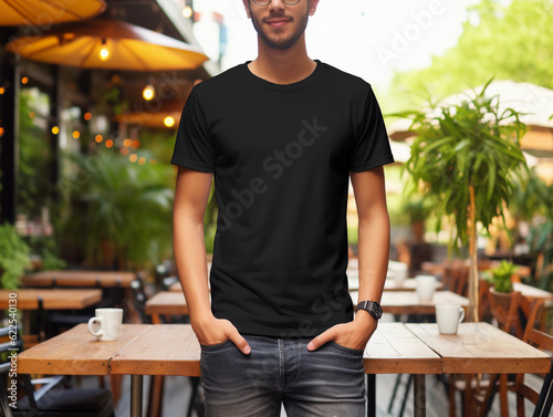 a young man wearing canvas black t-shirt and jeans used for design t-shirt template, and print presentation mockup created by generative AI
