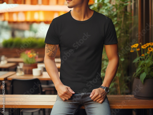 a young man wearing canvas black t-shirt and jeans used for design t-shirt template, and print presentation mockup created by generative AI