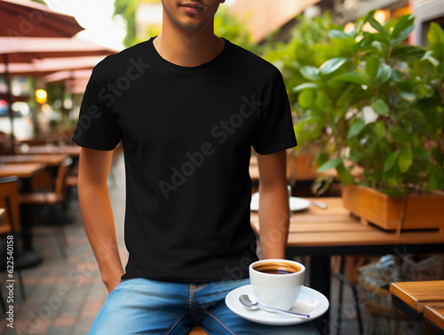 a young man wearing canvas black t-shirt and jeans used for design t-shirt template, and print presentation mockup created by generative AI