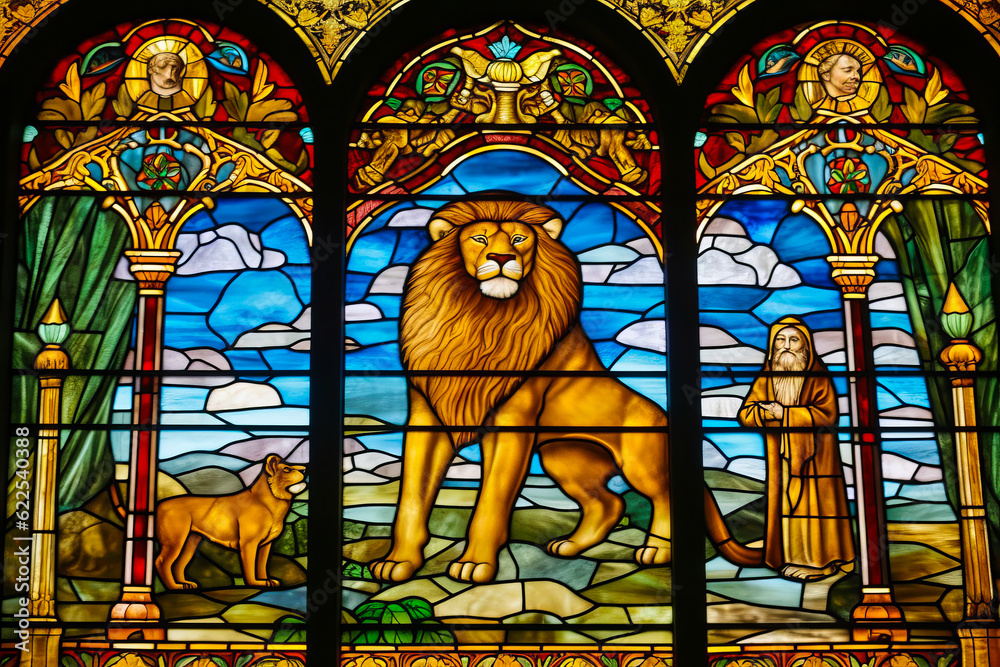 Captivating Stained Glass style depiction of the biblical story, Daniel in the Lions' Den. Vivid portrayal educates on catholic cathedral's religious tradition. Generative AI