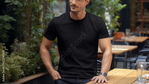 a young man wearing canvas black t-shirt and jeans used for design t-shirt template, and print presentation mockup created by generative AI