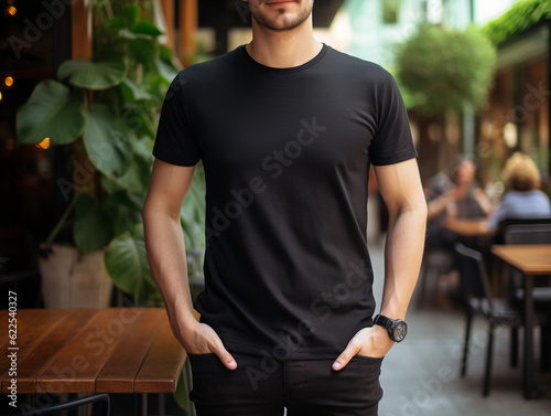 a young man wearing canvas black t-shirt and jeans used for design t-shirt template, and print presentation mockup created by generative AI