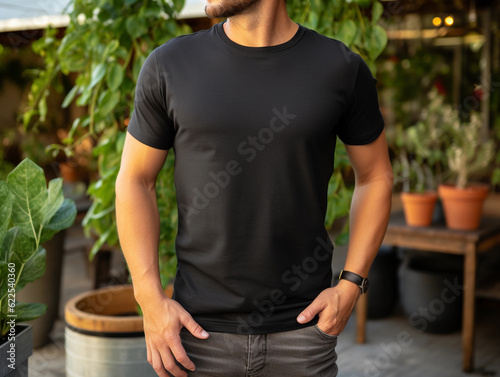a young man wearing canvas black t-shirt and jeans used for design t-shirt template, and print presentation mockup created by generative AI