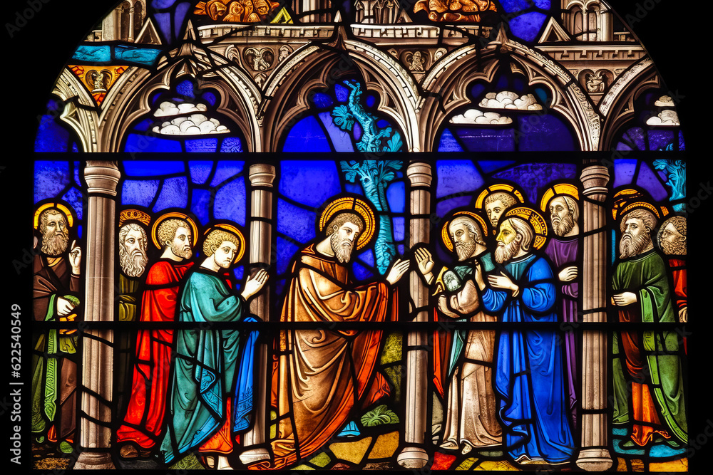 Breathtaking colored stained glass illustrating the Biblical tale of Job's trials, found in a Catholic cathedral or church- great for pedagogical catechism. Generative AI