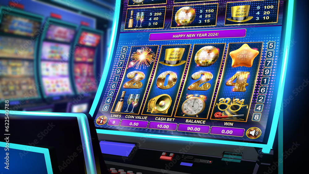 3D illustration of a slot cabinet with curved display and vibrant neon lights, showcasing a New Year's Eve party-themed video slot game. Online casino gambling banner celebrating the arrival of 2024.