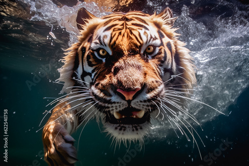 Underwater capturing face of tiger diving, wildlife animal, generative AI.