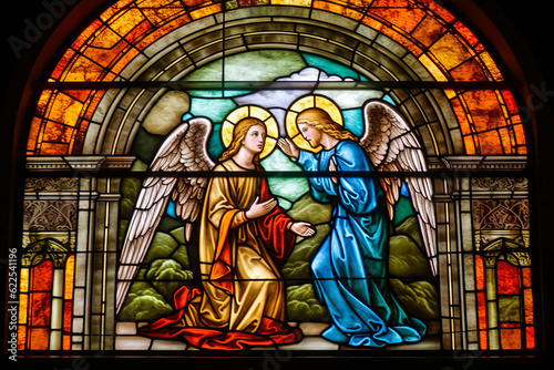 Majestic stained-glass depiction of the Angel's visit to Mary, reference to Luke 1:26-38, enhancing spiritual and catechetic storytelling in a Catholic cathedral. Generative AI photo