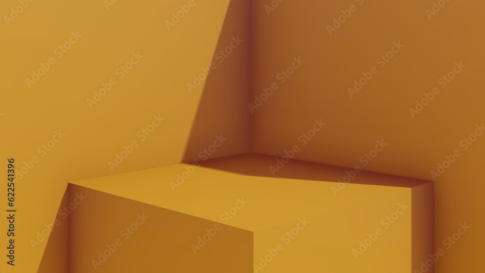 Realistic yellow 3D cube pedestal podium set in abstract room. Minimal scene for products stage showcase, promotion display. Geometric platform design. 