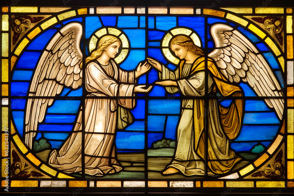 Illuminating stained glass scene of Angel's visit to Mary, referencing Luke 1:26-38 New Testament - a captivating educational tool in a Catholic cathedral. Generative AI