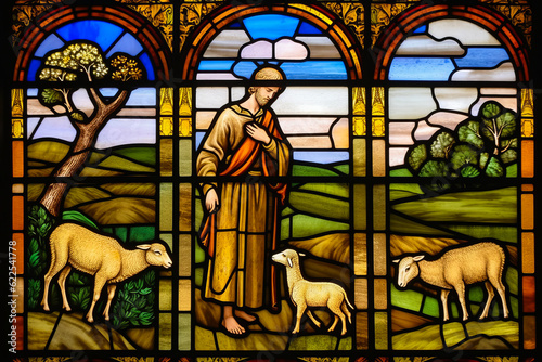 Stunning and vibrant stained glass depiction of the 'Lost Sheep' parable from Luke 15:1-7, beautifully crafted for educational catechism in a catholic setting. Generative AI