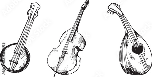 Set of contrabass, mandoline, banjo musical instrument vector illustration isolated. Orchestra stringed instruments ink drawn. Black white element for design wrapping, postcard, brochure, invitation