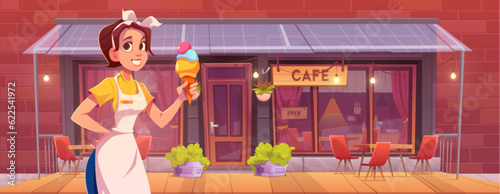 Girl outside street cafe with icecream vector illustration. woman chef on restaurant terrace with table and chair. Urban cafeteria exterior cartoon panorama. Store front entrance to public bistro
