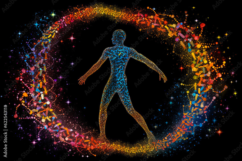 Naklejka premium Mystifying silhouette filled with galaxies and stars, interlaced with DNA; striking contrast between rich space black and radiant cosmic colors. Generative AI