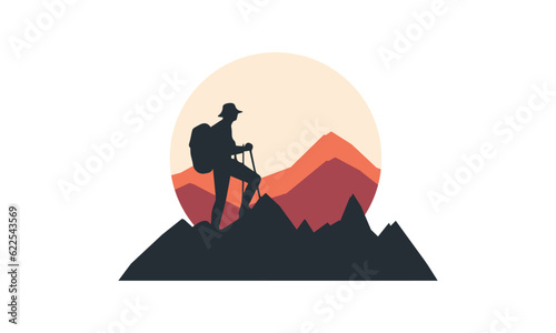 Mountain climber hiking or trekking with backpack walking in mountain silhouette mountain logo