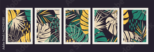 Monstera leaves posters. Retro abstract backgrounds. Yellow and green colors