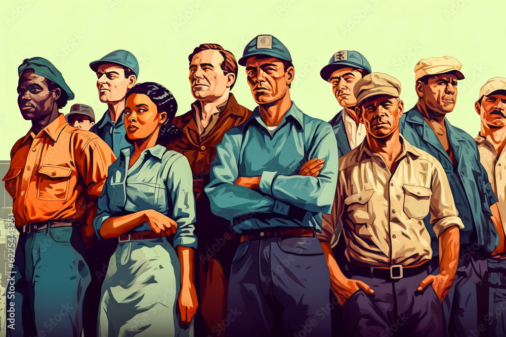 Poignant Labor Day scene, group of workers in subdued colors showing depth of emotion and nostalgia - a thoughtful celebration. Generative AI Poignant Labor Day scene, group of workers in subdued colors showing depth of emotion and nostalgia - a thoughtful celebration. Generative AI