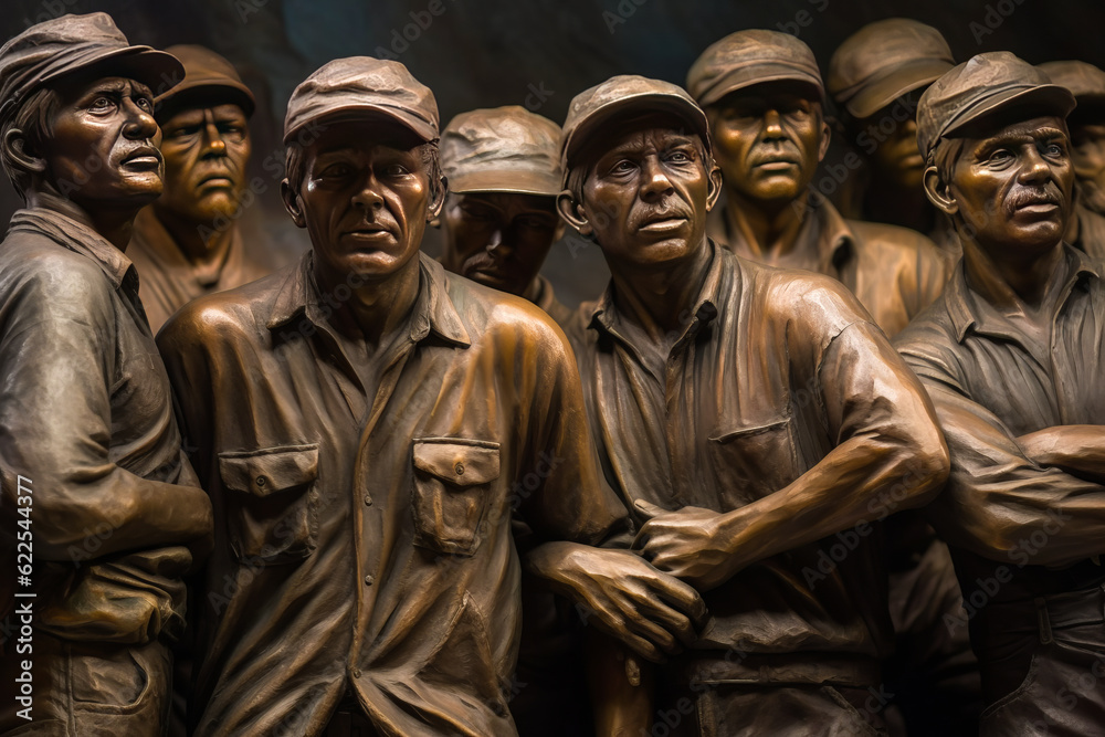 Poignant Labor Day tribute, featuring a thoughtful group of workers in subdued colors, evoking a strong sense of nostalgia and emotion. Generative AI