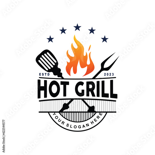 Barbeque Logo, Hot Grill Design With Fire And Spatula, Vector BBQ Grill Vintage Tripography, Retro Rustic Logo For Cafe, Restaurant, Bar