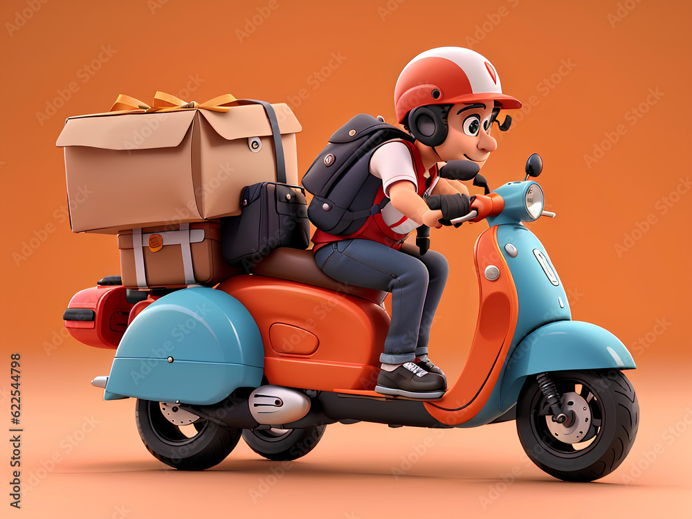 A uniformed courier rides a scooter with boxes behind him, carrying parcels for delivery to their destination