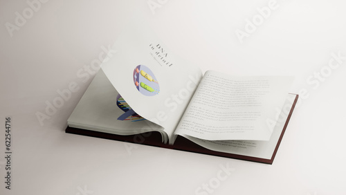 3D Illustration of a 3D DNA Guidebook opening to reveal detailed illustration about the structure of DNA (ID: 622544716)