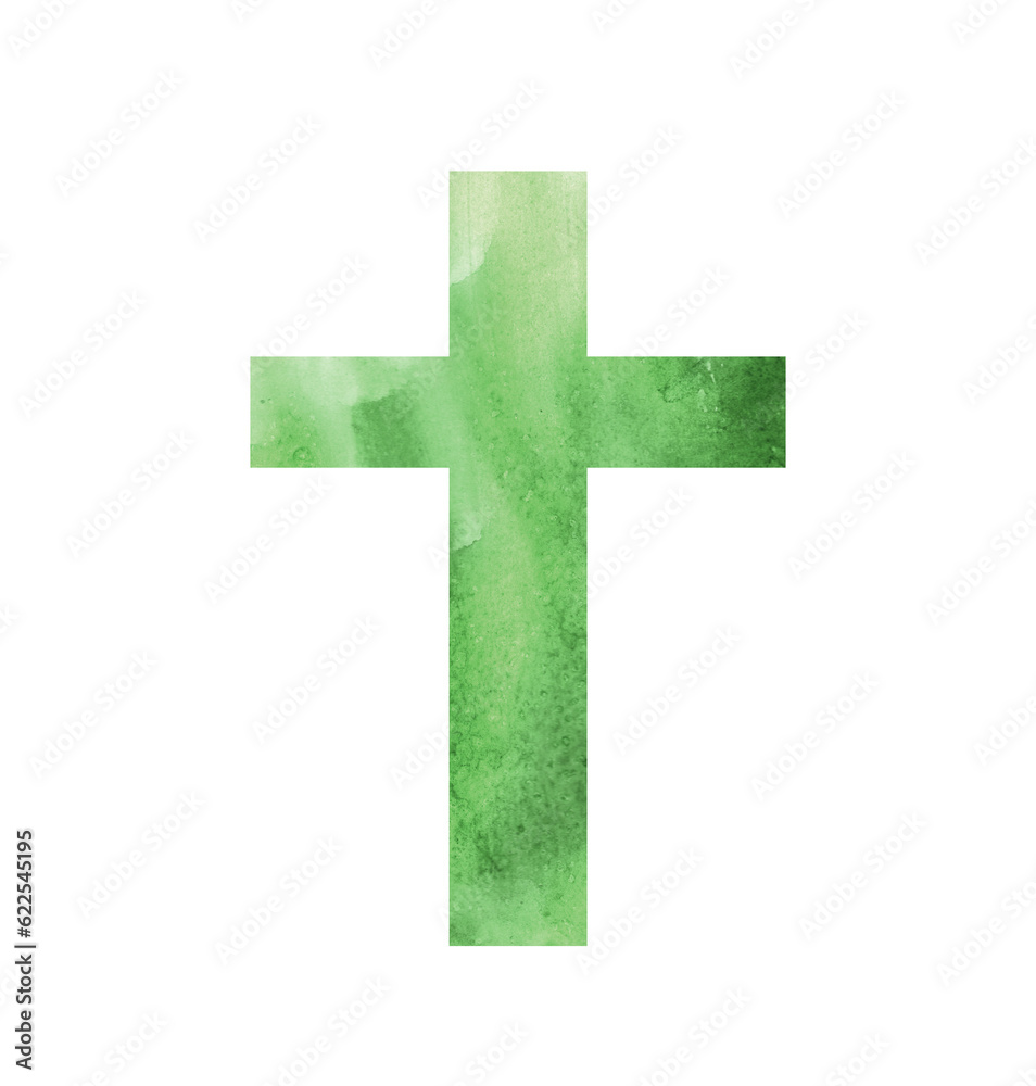 A cross is isolated on a transpaernt background. Green watercolor religious symbol. Abstract colorful Easter print. Blue hand-drawn illustration for Baptism and First Communion Designs.