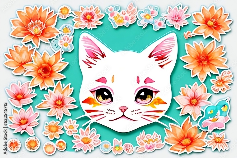 Cartoon colorful cat with flowers on white background. Created with generative ai