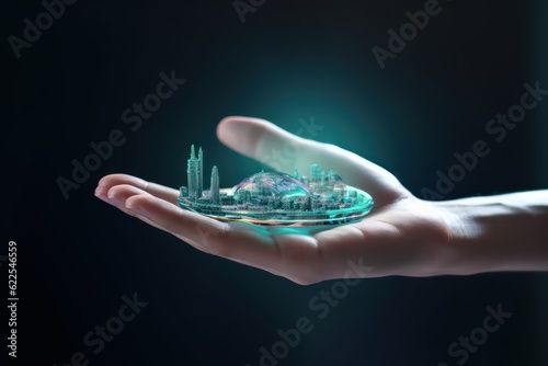 man hand holding hologram cyber digital data city landscape real estate building background. meta city landscape cyberspace. metaverse concept. Generative ai