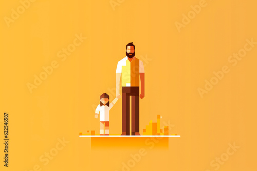 Charming minimalist Digital Pixel Art showcasing paternal love, featuring father holding child's hand. Perfect for Father's Day sentiment. Generative AI