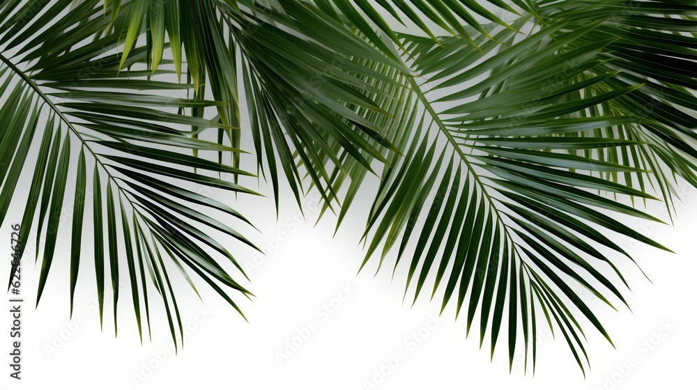 Fototapeta premium Leaf minimal summer plant texture wallpaper banner panorama illustration - Tropical palm tree leaves isolated on white background (Generative Ai)