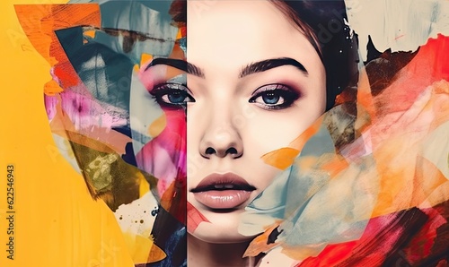 The artist used a variety of materials to create an abstract modern art collage portrait of the young woman. Creating using generative AI tools © uhdenis