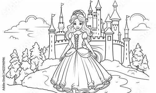 Bring the cartoon princess and castle to life by coloring their intricate line art.