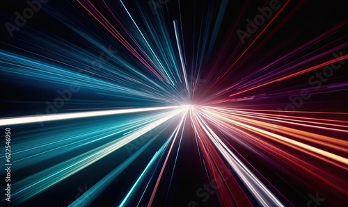 The abstract long exposure photograph showcased the vibrant colors of dynamic speed light trails on the road. Creating using generative AI tools