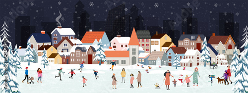 Christmas Background,Winter night with people celebrating on Christmas eve in city park.Winter wonderland in the town with happy kids playing outdoor,Vector Banner for New year 2024 background