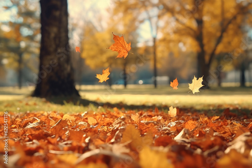 Beautiful autumn Falling maple leaves in city park. Generative AI.