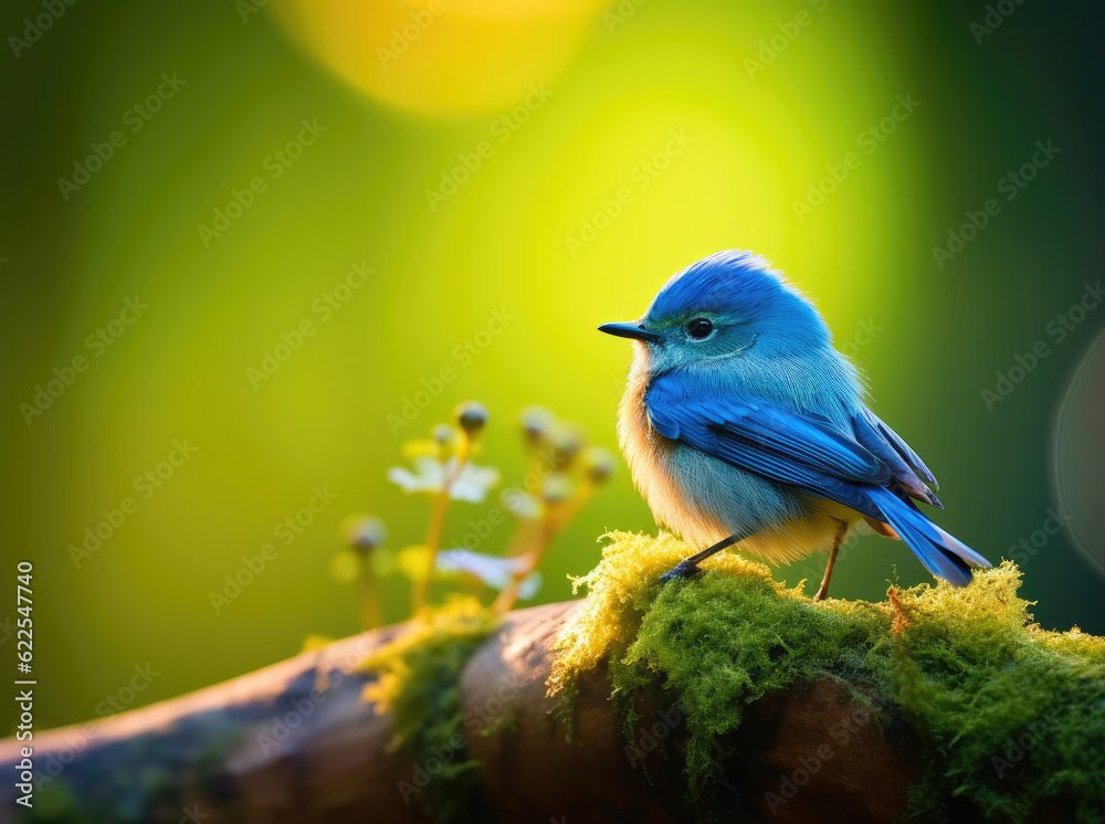 Ultramarine Flycatcher sitting on a branch against a green background