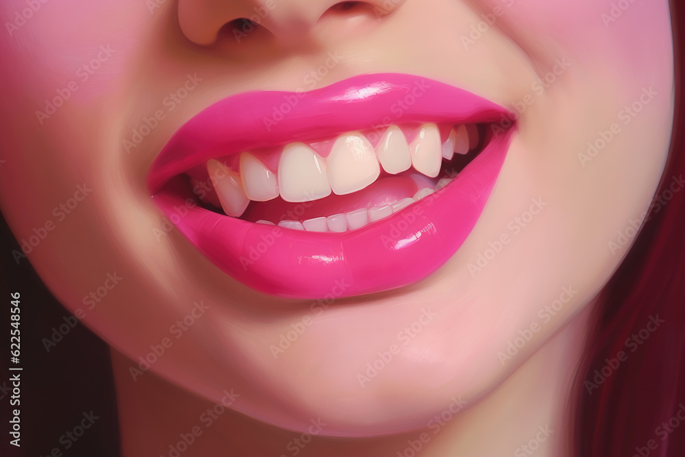 Fototapeta premium Close up view of beautiful attractive woman lips with pink glossy lipstick. Open mouth with white teeth. Cosmetology or fashion makeup concept. Beauty studio shot. Generative ai
