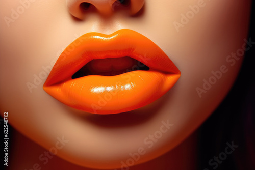 The close up of woman mouth shows the beautiful and sensual beauty of orange lips. Makeup and lip gloss are sexy and glamorous in detail. Generative ai