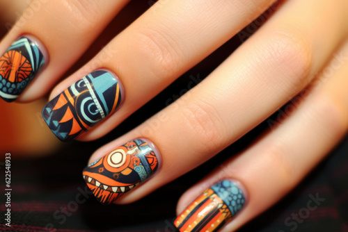 The woman hand with beautiful nail art, colorful gel polish and a fashionable manicure drawing. Background of style and design. Generative ai
